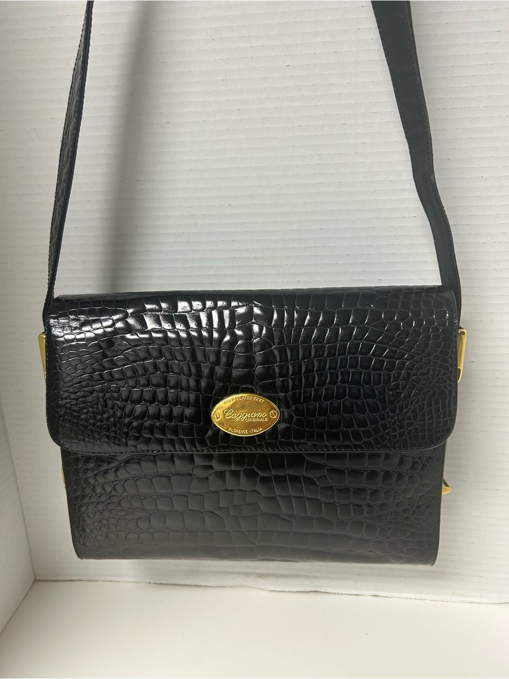 RARE Vtg CAGGIANO Originale Florence Italy Croc Calfskin Shoulder Bag 22K GP